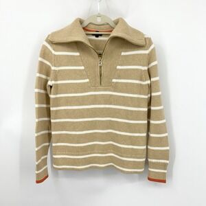 Talbots Women Size XS Sweater Brown White Striped Cotton Knit 1/4 Zip Cowl Top